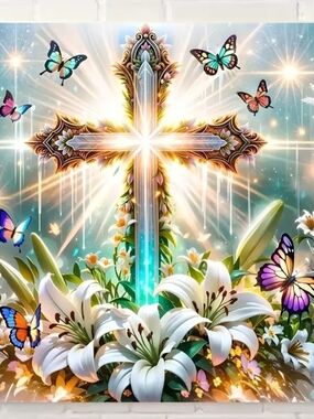 11.8x11.8 White Lily & Butterfly Cross DIY Diamond Art Kit